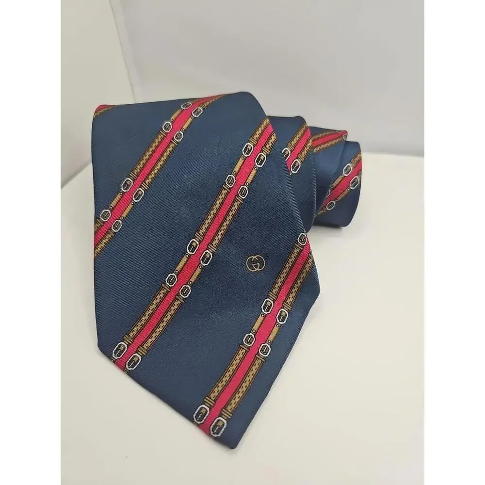 Gucci Men’s Belts Logo Navy Red Silk Tie – Made in Italy 57